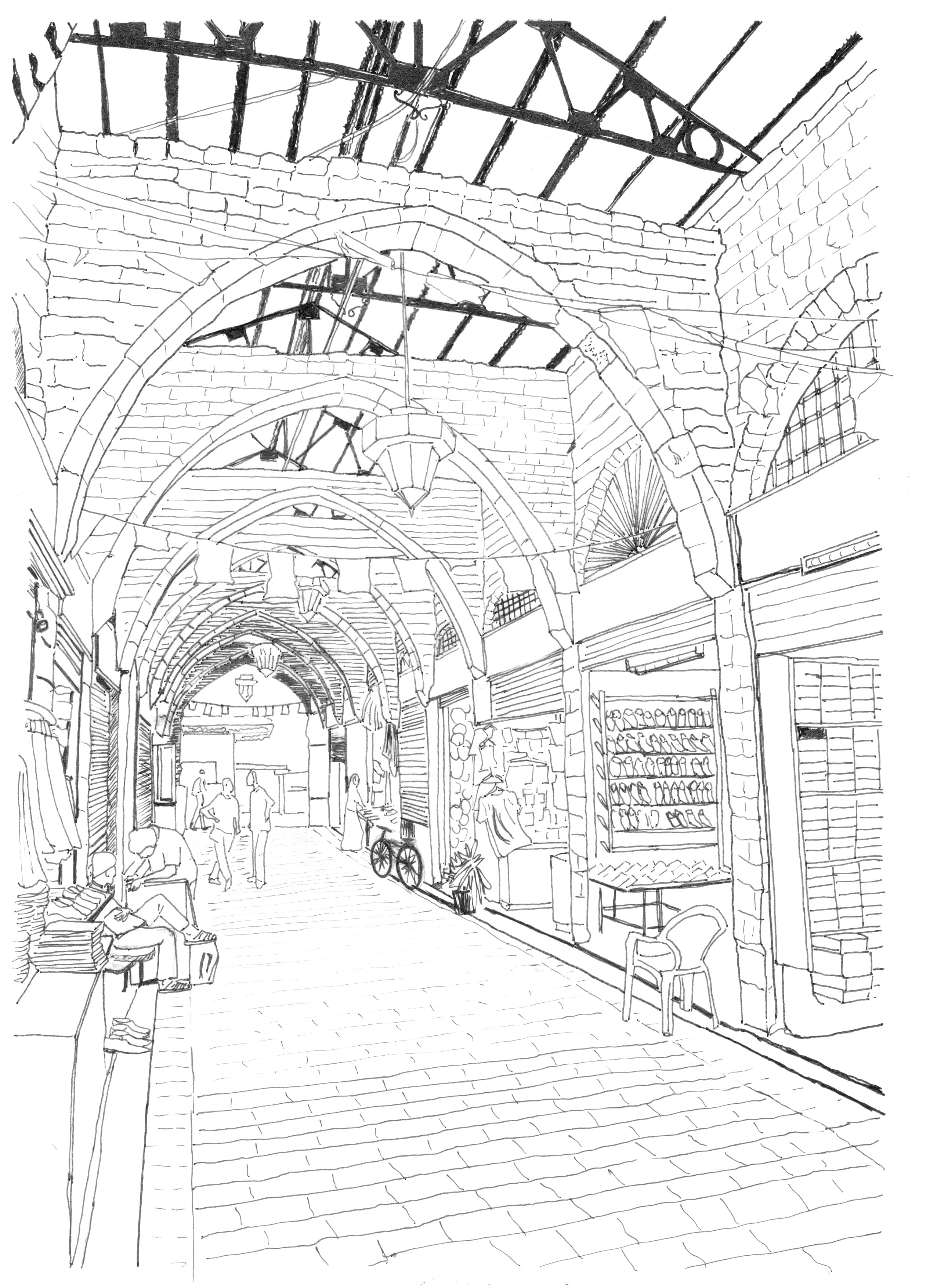 The interior of the arcaded section of the Old Souk in Homs, illustration by Marwa al-Sabouni