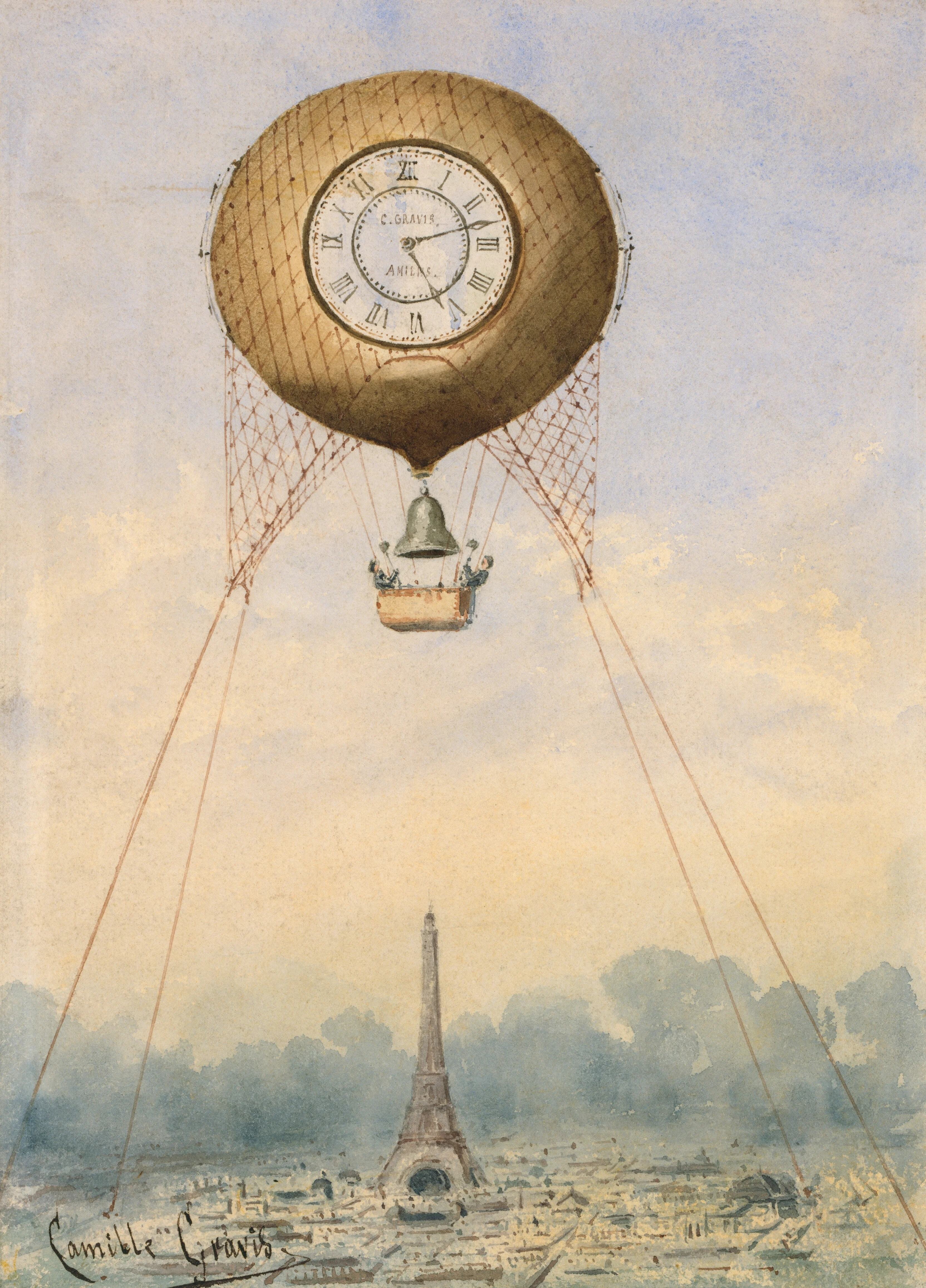 Camille Gravis Captive Balloon With Clock Face And Bell Floating