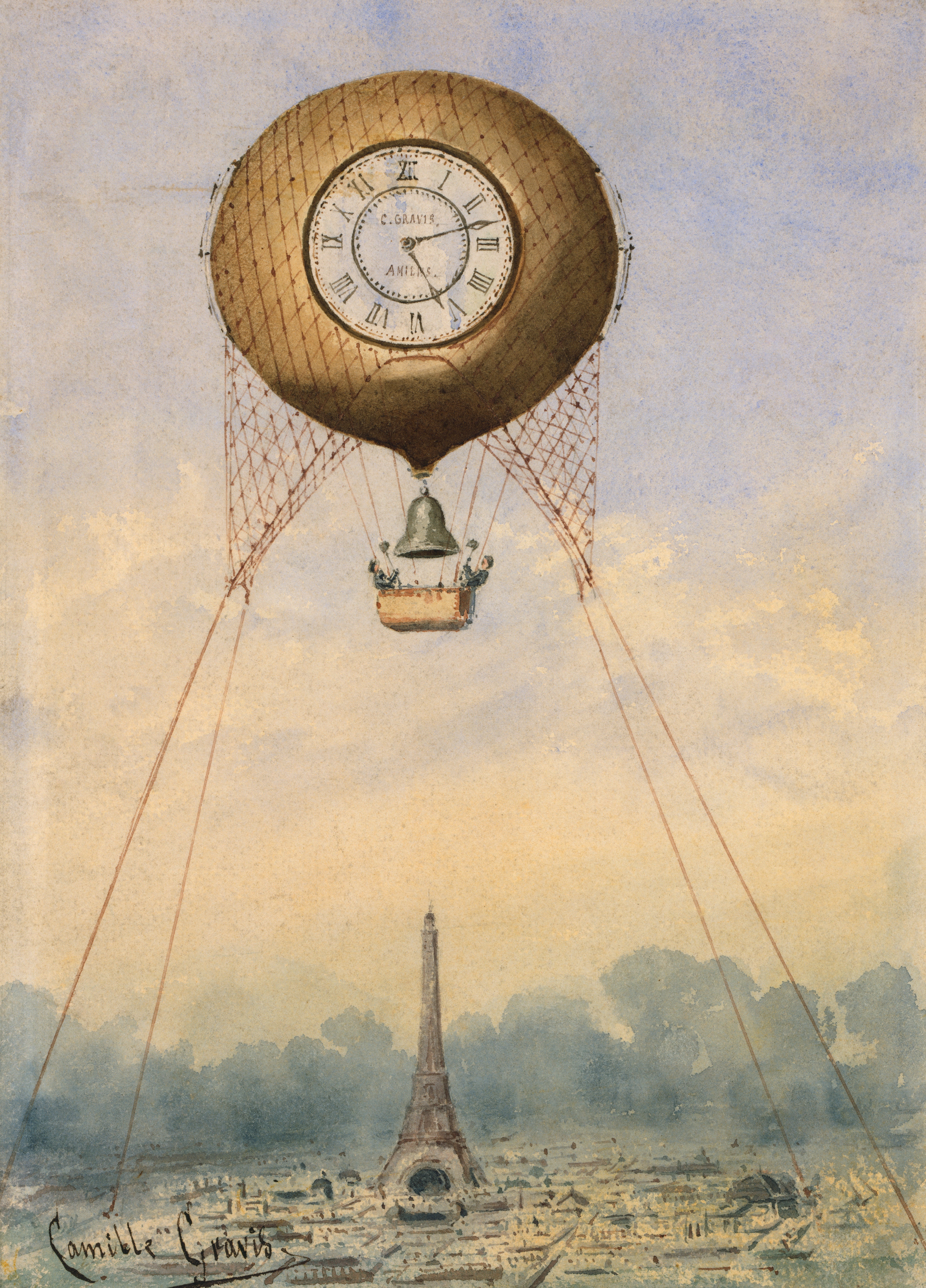Captive balloon with clock face and bell, Camille Gravis, circa 1889