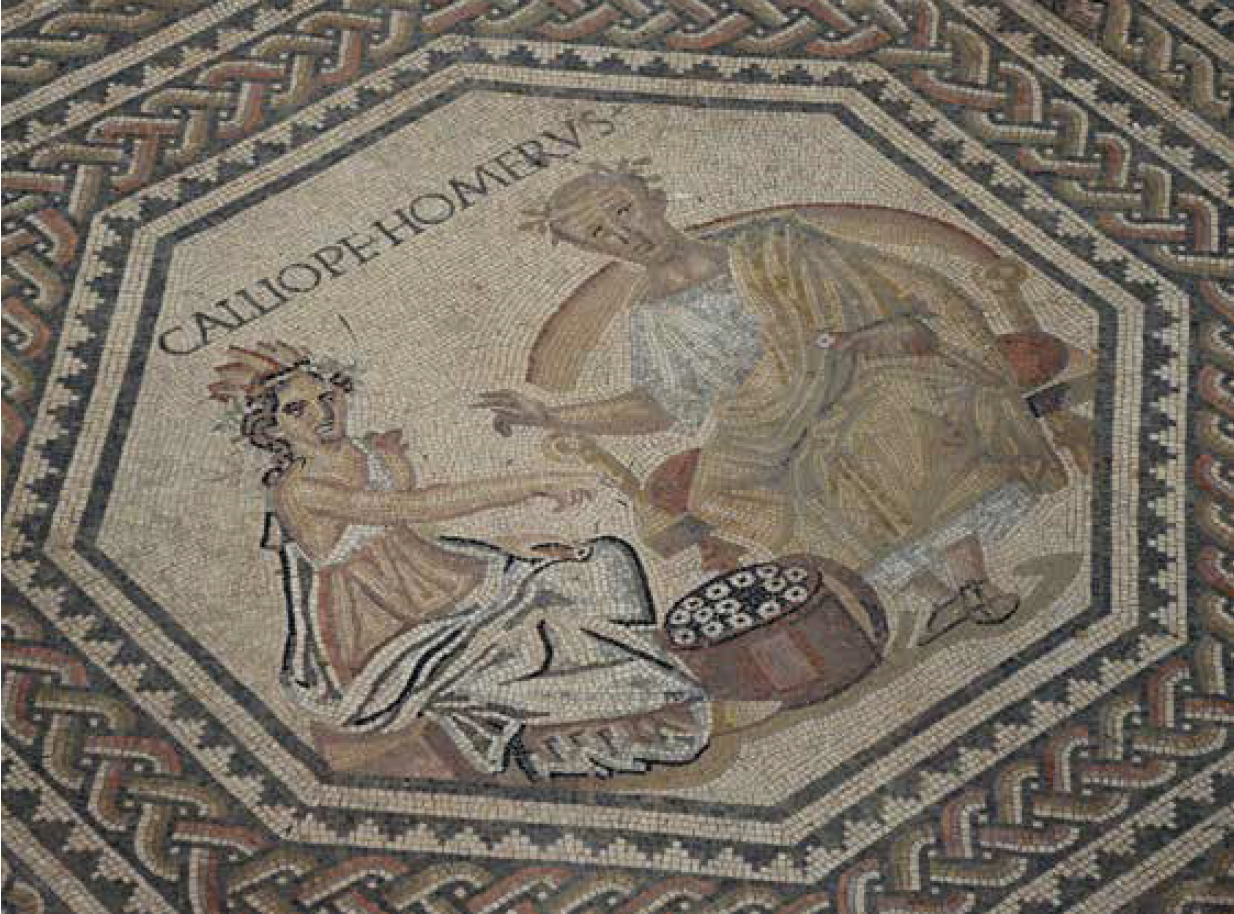 Mosaic depicting Calliope, the Muse of epic and elegiac poetry, with Homer, ca. 240 CE