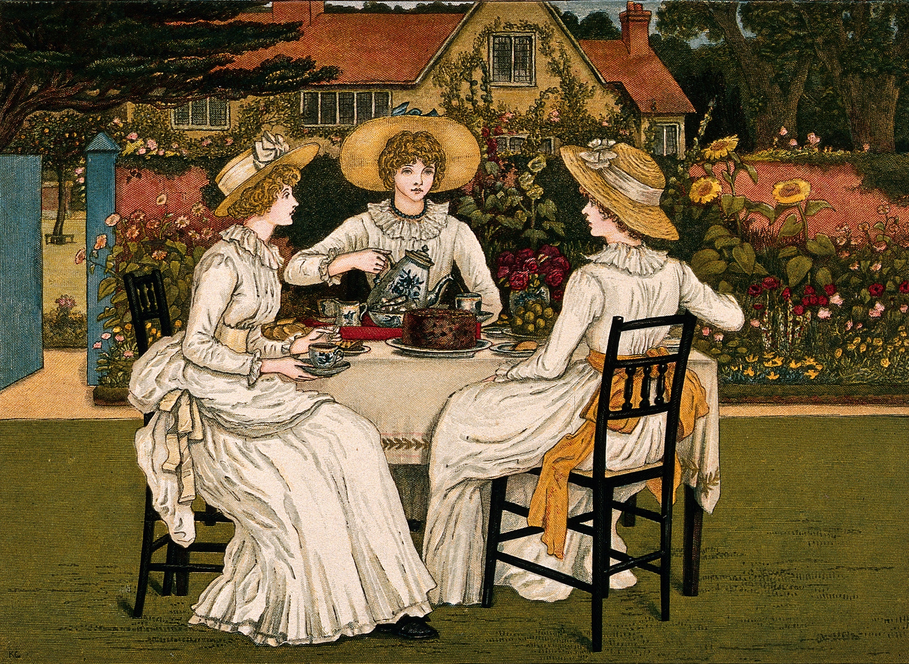 Three Young Woman Are Sitting At Table In A Garden Having Wellcome V0040193