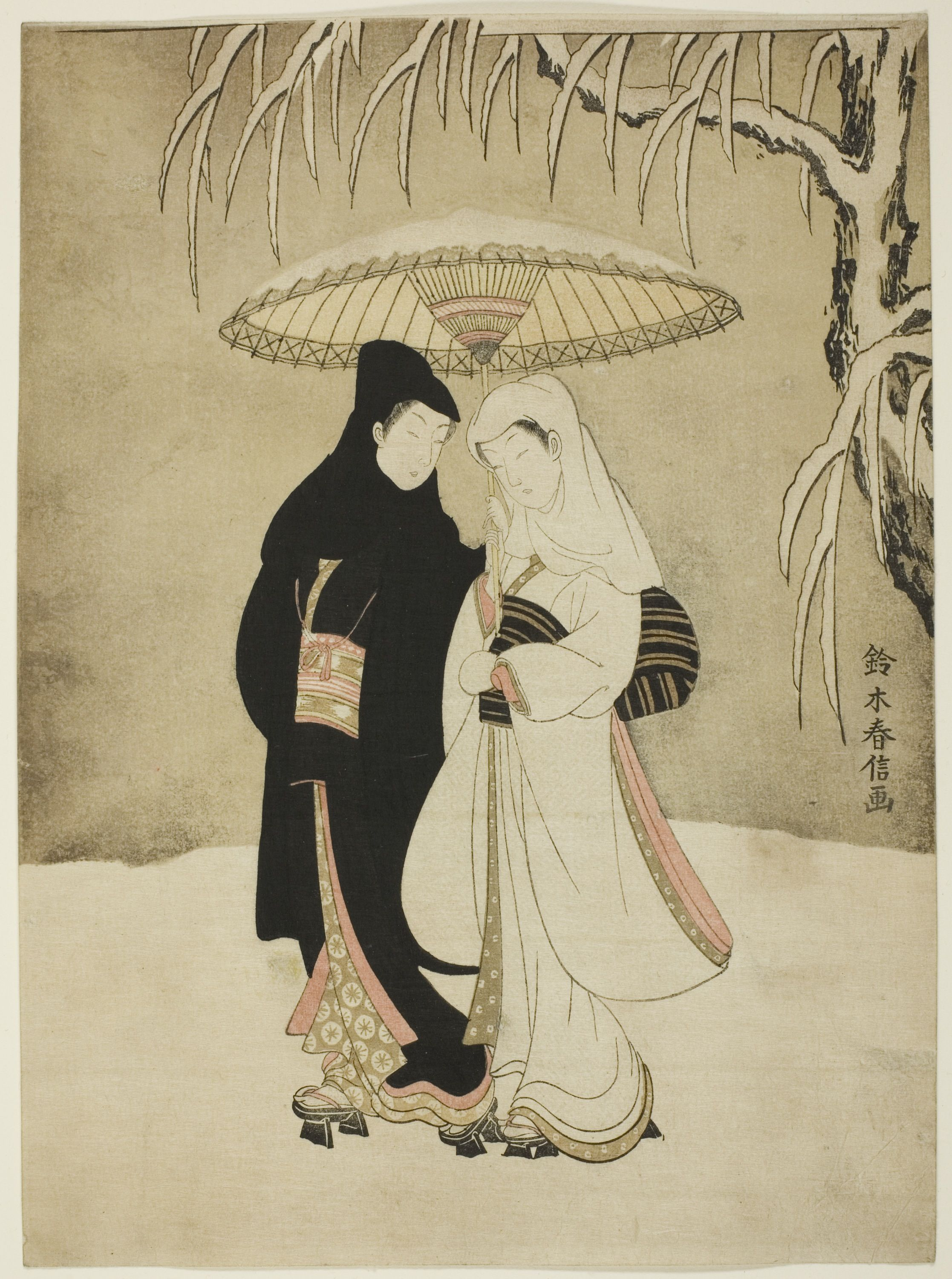 Two Lovers Beneath An Umbrella In The Snow