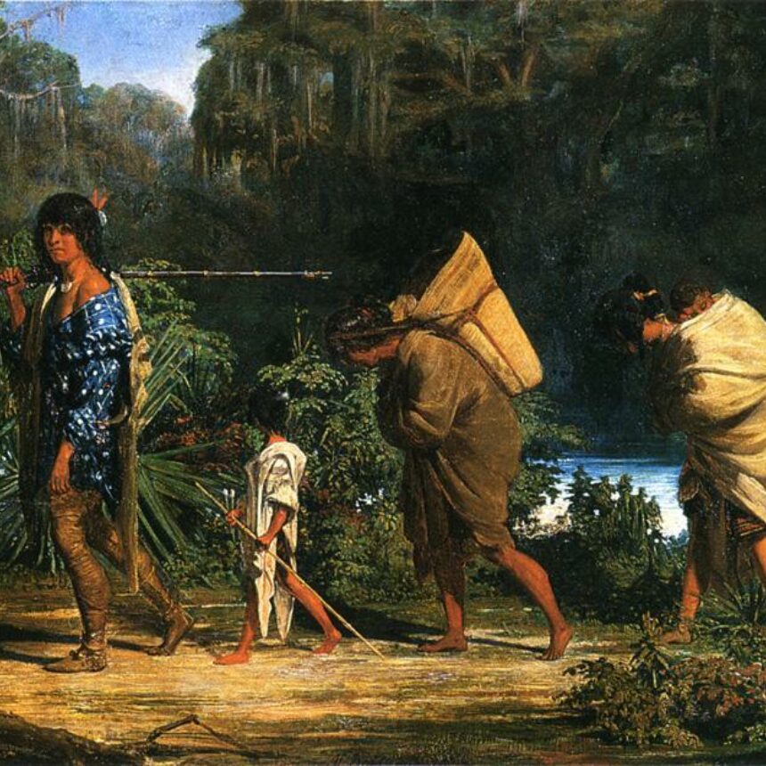 Louisiana Indians Walking Along A Bayou