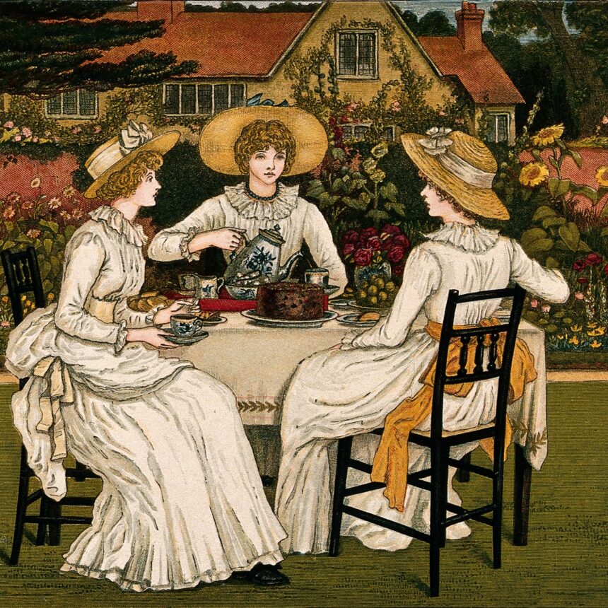 Three Young Woman Are Sitting At Table In A Garden Having Wellcome V0040193